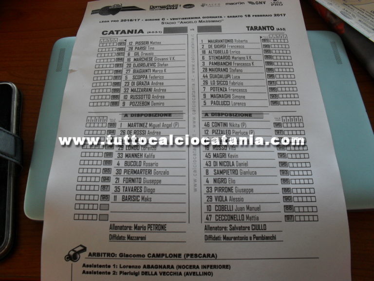 CATANIA – TARANTO: formazioni ufficiali, Scoppa in campo e Tavares in panchina