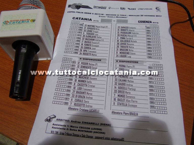 CATANIA – COSENZA: formazioni ufficiali. Ripa in campo dal 1′