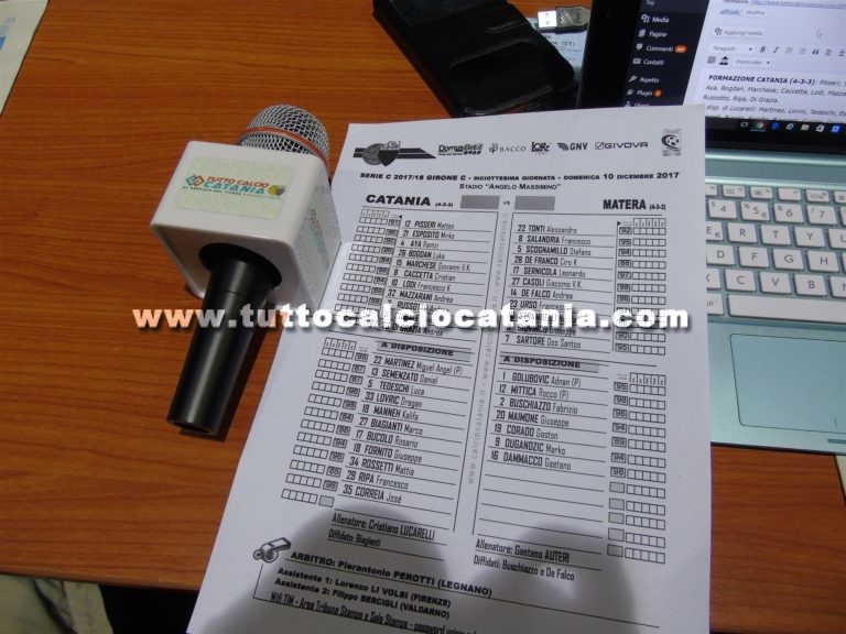 CATANIA – MATERA: formazioni ufficiali. Esposito  e Mazzarani preferiti a Semenzato e Fornito