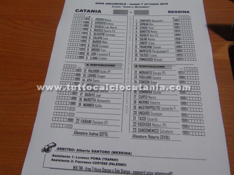 CATANIA – REGGINA: formazioni ufficiali