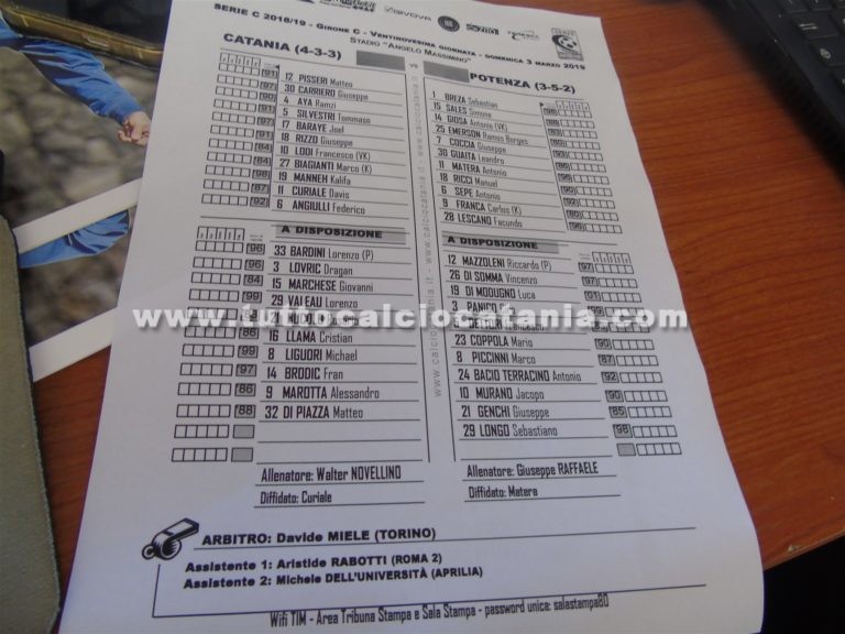 CATANIA – POTENZA: formazioni ufficiali. Curiale in campo, Manneh e Angiulli a supporto
