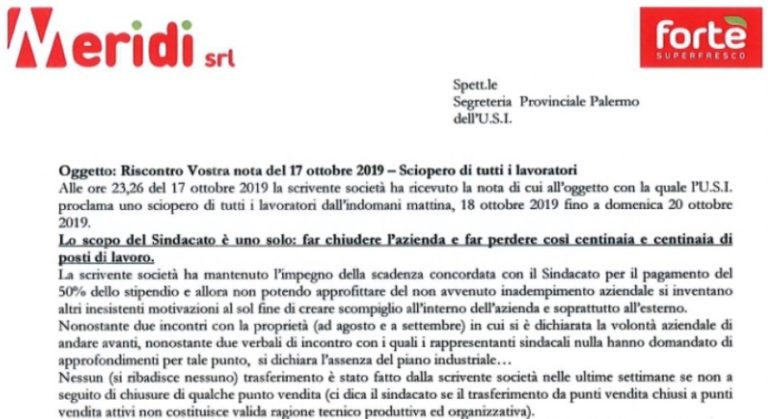 MERIDI SRL: sciopero Fortè, nota di risposta