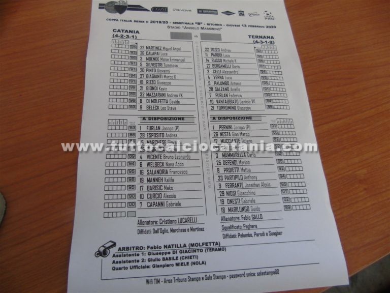 CATANIA – TERNANA: formazioni ufficiali. Rizzo e Biagianti in mezzo al campo