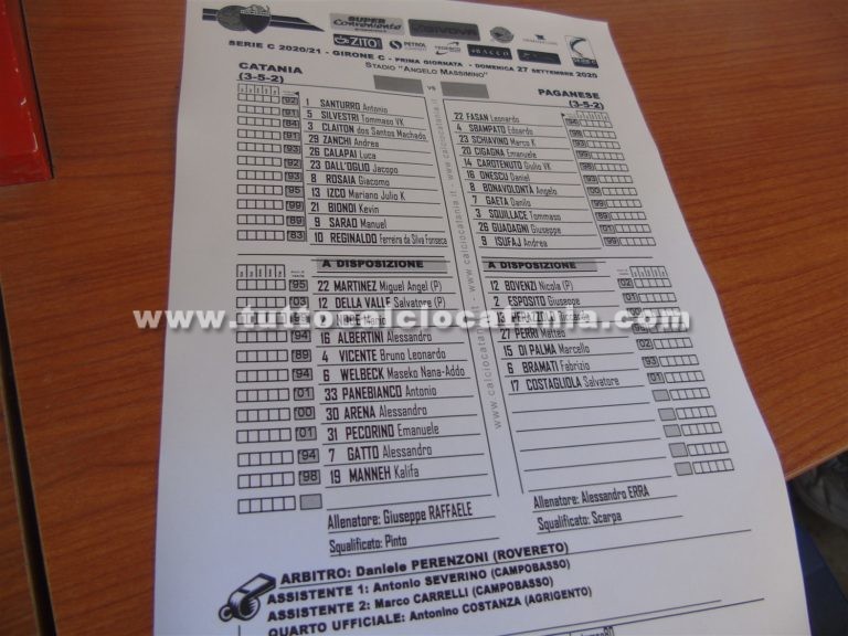 CATANIA – PAGANESE: formazioni ufficiali. Dall’Oglio e Reginaldo in campo dal 1′