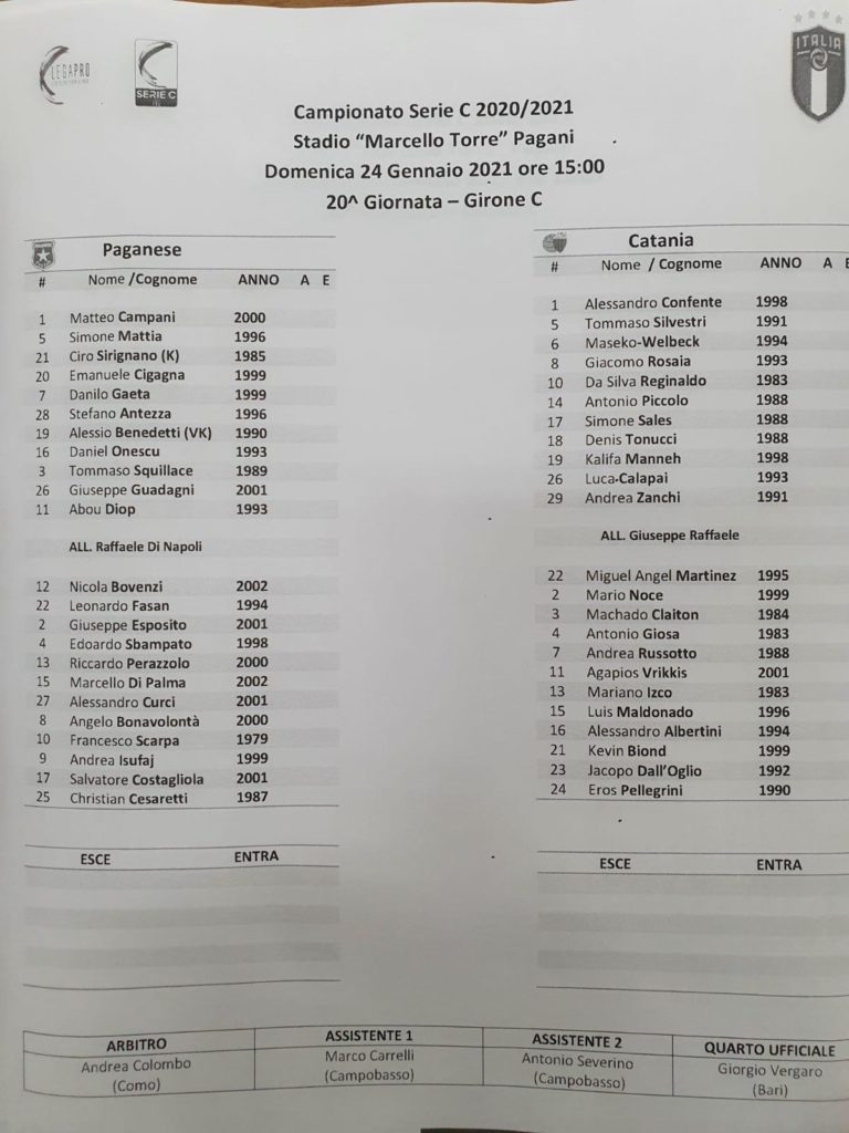 PAGANESE – CATANIA: formazioni ufficiali. Novità Rosaia e Manneh dal 1′, Giosa in panchina