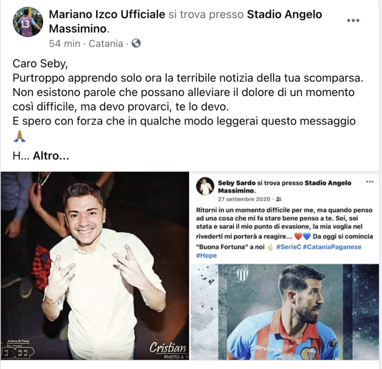 CATANIA SOCIAL – Izco a Seby Sardo: “Tua scomparsa terribile notizia. Continua a difendere i nostri colori, noi lo faremo per te”