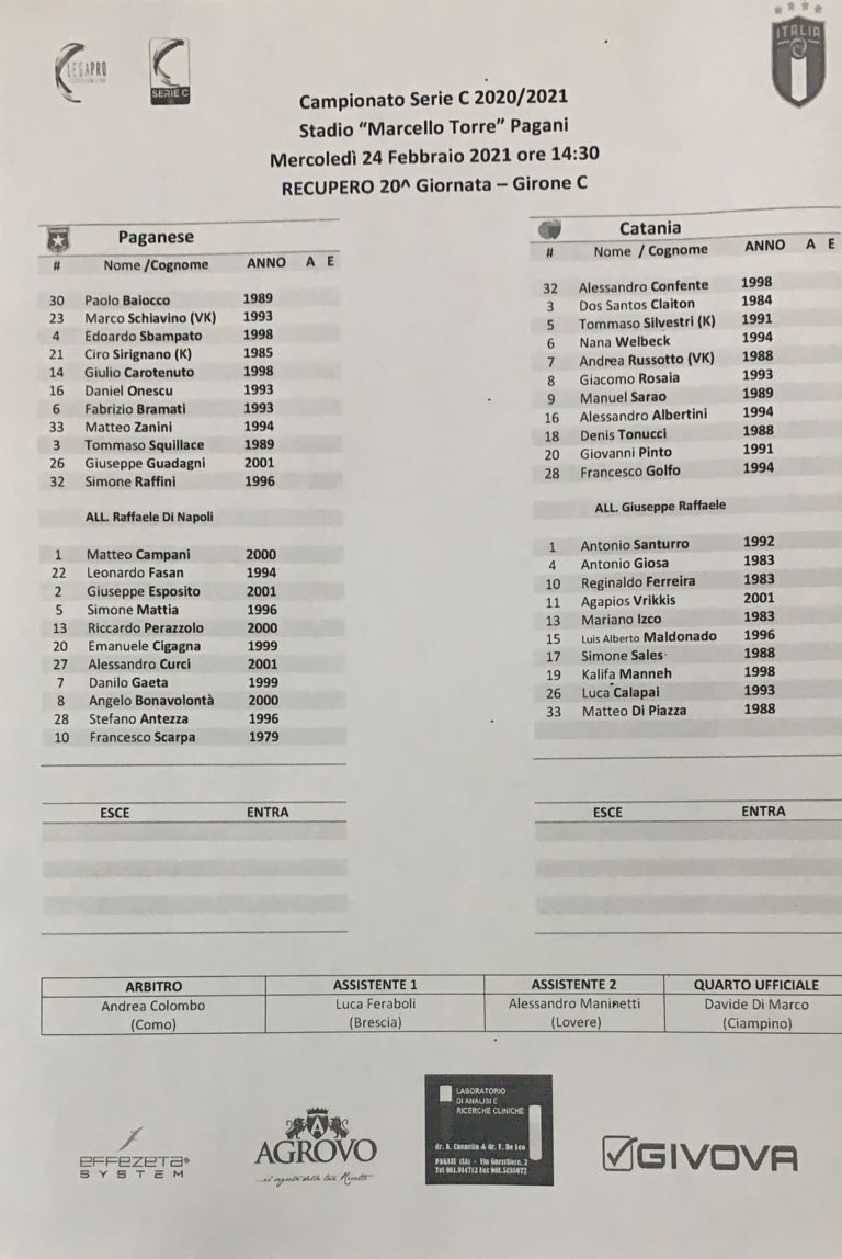 PAGANESE – CATANIA: formazioni ufficiali. Tridente offensivo per i rossazzurri e si rivede Claiton