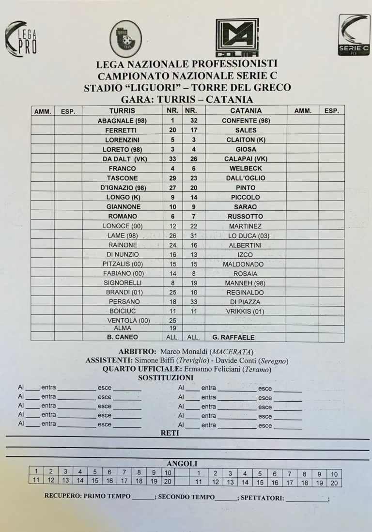 TURRIS – CATANIA: formazioni ufficiali, Piccolo in campo dal 1′
