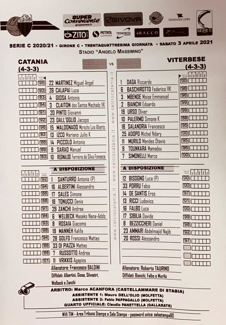 CATANIA – VITERBESE: ecco le formazioni ufficiali. Reginaldo al posto di Russotto