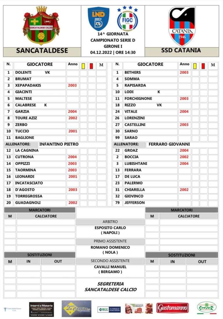 SANCATALDESE-CATANIA: ecco le formazioni ufficiali