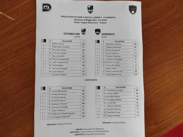 CATANIA-SORRENTO: ecco le formazioni ufficiali. Rizzo e De Luca in campo