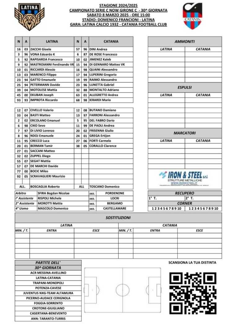 LATINA-CATANIA: ecco le formazioni ufficiali. Ierardi, Lunetta, Montalto e Quaini in campo dal 1′